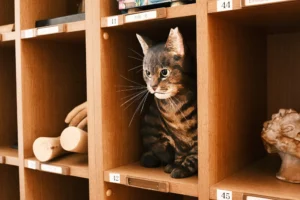 内田充「馴れない猫」、ゲタ箱に展示された保護猫の彫刻