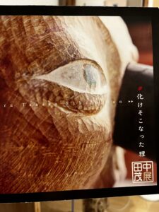 田中 茂の木彫作品「化けそこなった狸」の顔の拡大。木目と彫り跡が見える