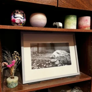 落ち葉の中でくつろぐ猫を撮ったモノクロ写真の額装例。グレーの木目フレームに白マットと V カット仕上げ。棚の中央に配置し、ドライフラワーと陶器の置物と余白を活かして飾っている実例